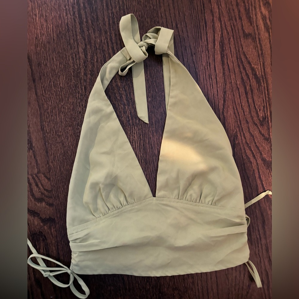 Pacsun, olive green halter top with pullable, tightening sides and zipper back